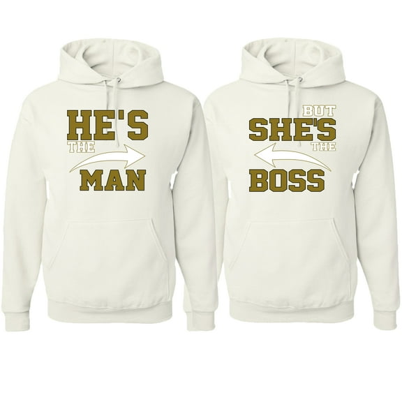 Wild Bobby, He's the Man She's the Boss Funny Classic His and Hers Matching Couples Hoodies Sweater Set, White, Mens L-Womens L