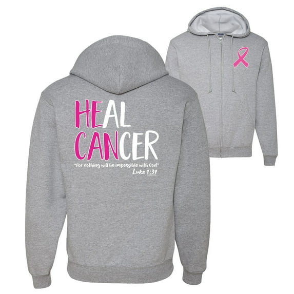 Wild Bobby, Heal Cancer Faith Jesus Believe, Breast Cancer Awareness, Front and Back Graphic Zip Up Hoodie Sweatshirt, Heather Grey, Small
