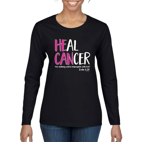 Wild Bobby Heal Cancer Faith Jesus Believe Breast Cancer Awareness Women Graphic Long Sleeve T-Shirt, Black, Small