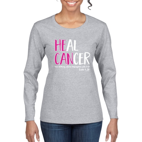 Wild Bobby Heal Cancer Faith Jesus Believe Breast Cancer Awareness Women Graphic Long Sleeve T-Shirt, Heather Grey, Small