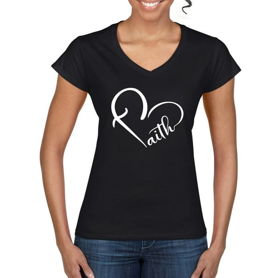 Wild Bobby Heart Made Of Faith Inspirational/Christian Women Standard V-Neck Tee, Black, Small