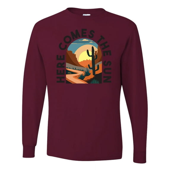 Wild Bobby Here Comes The Sun Desert Road Nature Lover Men Long Sleeve Shirt, Maroon, Medium