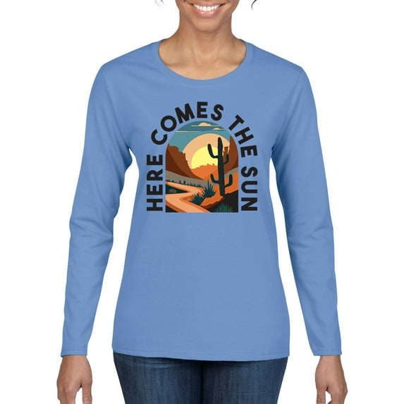 Wild Bobby Here Comes The Sun Desert Road Nature Lover Women Graphic Long Sleeve Tee, Light Blue, Small