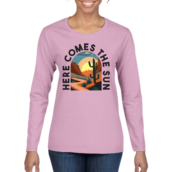 Wild Bobby Here Comes The Sun Desert Road Nature Lover Women Graphic Long Sleeve Tee, Light Pink, Small