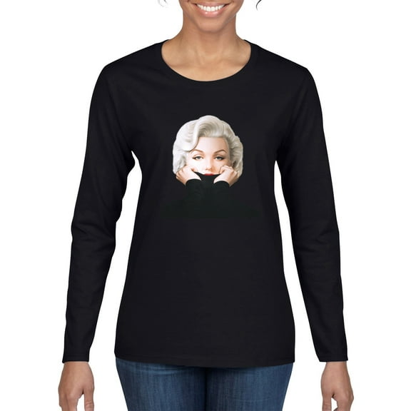 Wild Bobby, Hip Marilyn Monroe Portrait Classic Beauty Pose, Famous People, Women Graphic Long Sleeve Tee, Black, Medium