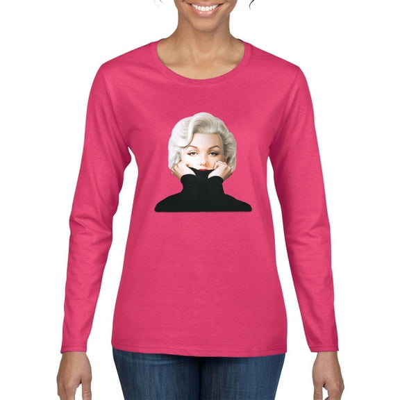 Wild Bobby, Hip Marilyn Monroe Portrait Classic Beauty Pose, Famous People, Women Graphic Long Sleeve Tee, Fuschia, X-Large