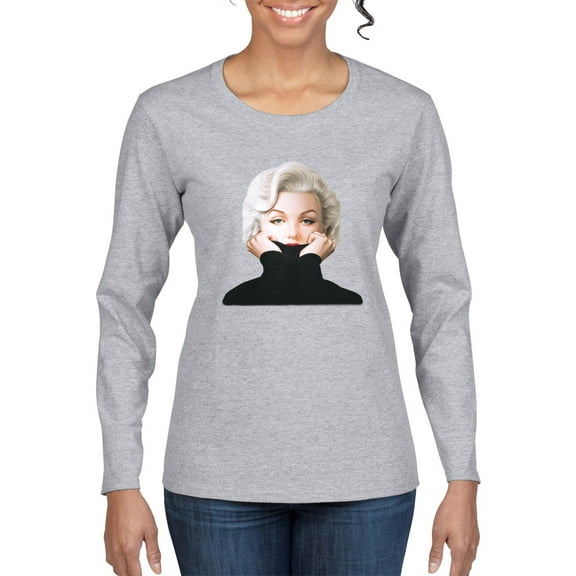 Wild Bobby, Hip Marilyn Monroe Portrait Classic Beauty Pose, Famous People, Women Graphic Long Sleeve Tee, Heather Grey, Medium