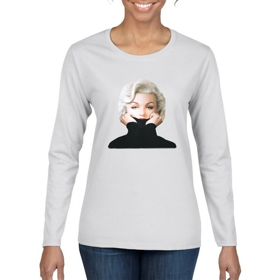 Wild Bobby, Hip Marilyn Monroe Portrait Classic Beauty Pose, Famous People, Women Graphic Long Sleeve Tee, White, Large