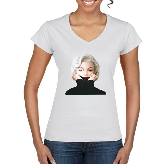 Wild Bobby, Hip Marilyn Monroe Portrait Classic Beauty Pose, Famous People, Women Standard V-Neck Tee, White, Large