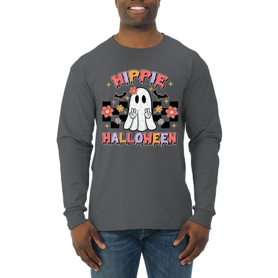 Wild Bobby Hippie Halloween Ghost Bats Stars Halloween Pink Orange Purple Halloween Halloween Men Long Sleeve Shirt, Charcoal, Large