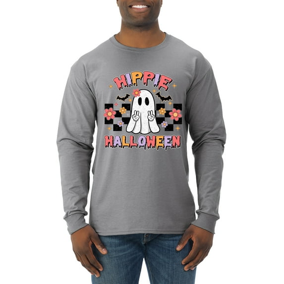 Wild Bobby Hippie Halloween Ghost Bats Stars Halloween Pink Orange Purple Halloween Halloween Men Long Sleeve Shirt, Heather Grey, Large