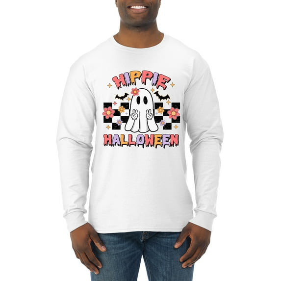 Wild Bobby Hippie Halloween Ghost Bats Stars Halloween Pink Orange Purple Halloween Halloween Men Long Sleeve Shirt, White, XX-Large