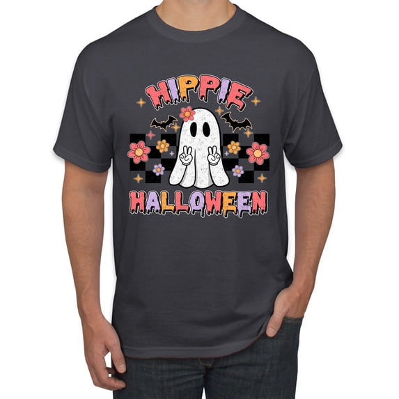 Wild Bobby Hippie Halloween Ghost Bats Stars Halloween Pink Orange Purple Halloween Halloween Men Tee, Charcoal, Large