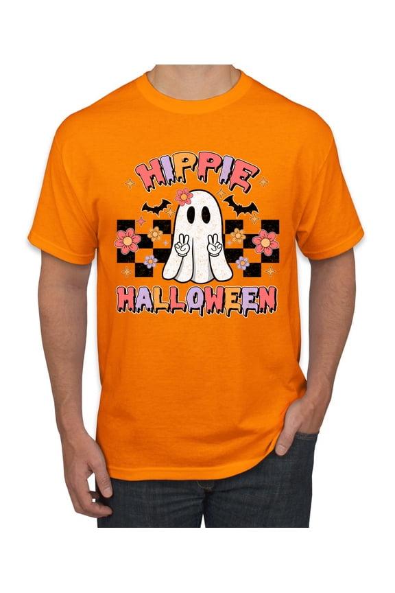 Hippie Halloween Ghost Bats Stars Halloween Pink Orange Purple Halloween Halloween Men Tee, Orange, Medium