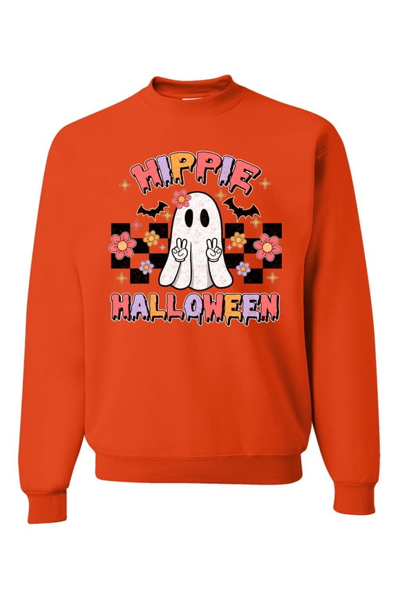 Hippie Halloween Ghost Bats Stars Halloween Pink Orange Purple Halloween Halloween Unisex Crewneck Sweatshirt, Orange, Small