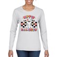 thumbnail image 1 of Wild Bobby Hippie Halloween Ghost Bats Stars Halloween Pink Orange Purple Halloween Halloween Women Graphic Long Sleeve Tee, White, Small, 1 of 6