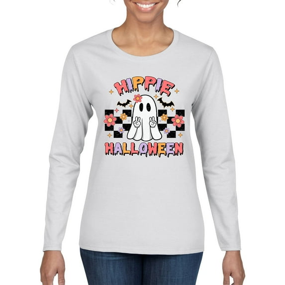 Wild Bobby Hippie Halloween Ghost Bats Stars Halloween Pink Orange Purple Halloween Halloween Women Graphic Long Sleeve Tee, White, Small