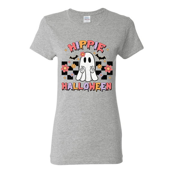 Wild Bobby Hippie Halloween Ghost Bats Stars Halloween Pink Orange Purple Halloween Halloween Women Graphic Tee, Heather Grey, Small