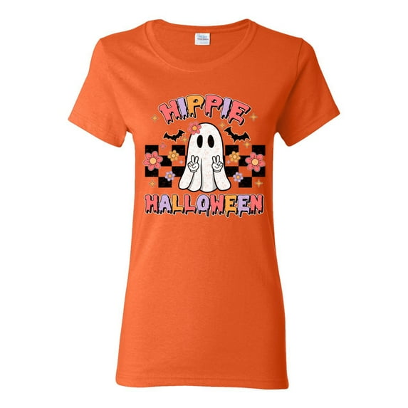 Wild Bobby Hippie Halloween Ghost Bats Stars Halloween Pink Orange Purple Halloween Halloween Women Graphic Tee, Orange, Medium