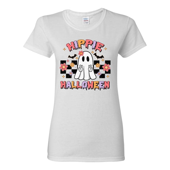 Wild Bobby Hippie Halloween Ghost Bats Stars Halloween Pink Orange Purple Halloween Halloween Women Graphic Tee, White, Large