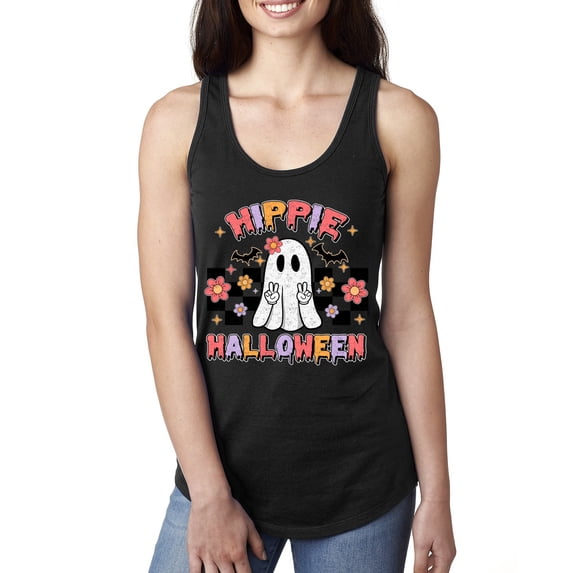 Wild Bobby Hippie Halloween Ghost Bats Stars Halloween Pink Orange Purple Halloween Halloween Women Racerback Tank Top, Black, Small