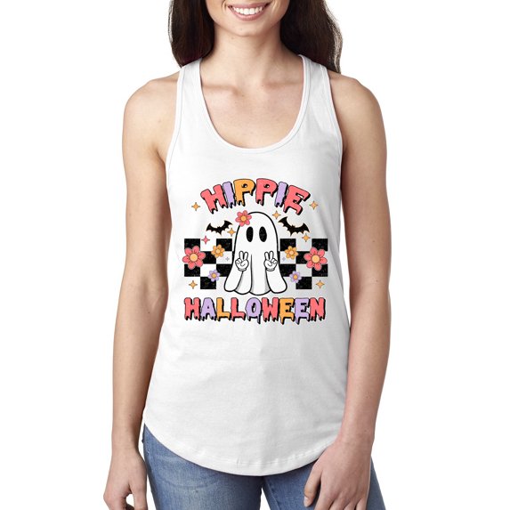 Wild Bobby Hippie Halloween Ghost Bats Stars Halloween Pink Orange Purple Halloween Halloween Women Racerback Tank Top, White, Small