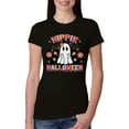 thumbnail image 1 of Wild Bobby Hippie Halloween Ghost Bats Stars Halloween Pink Orange Purple Halloween Halloween Women Slim Fit Junior Tee, Black, Small, 1 of 6