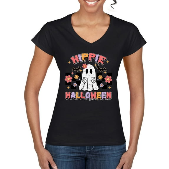 Wild Bobby Hippie Halloween Ghost Bats Stars Halloween Pink Orange Purple Halloween Halloween Women Standard V-Neck Tee, Black, Small