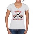thumbnail image 1 of Wild Bobby Hippie Halloween Ghost Bats Stars Halloween Pink Orange Purple Halloween Halloween Women Standard V-Neck Tee, White, Medium, 1 of 6