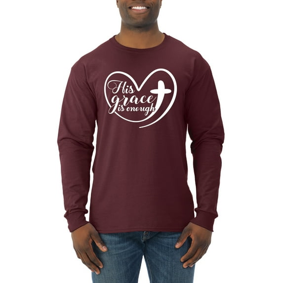 Wild Bobby His Grace Is Enough Heart Inspirational/Christian Men Long Sleeve Shirt, Maroon, X-Large