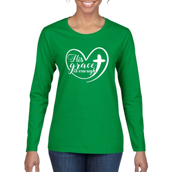 Wild Bobby His Grace Is Enough Heart Inspirational/Christian Women Graphic Long Sleeve Tee, Kelly, XX-Large