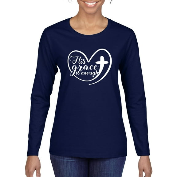 Wild Bobby His Grace Is Enough Heart Inspirational/Christian Women Graphic Long Sleeve Tee, Navy, Medium