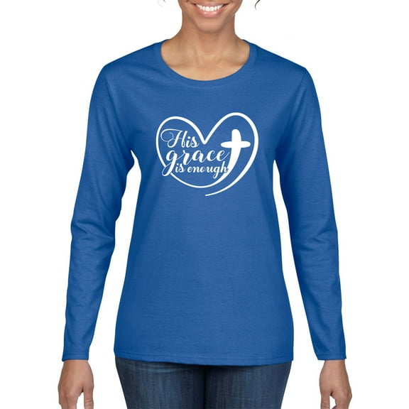 Wild Bobby His Grace Is Enough Heart Inspirational/Christian Women Graphic Long Sleeve Tee, Royal, Medium