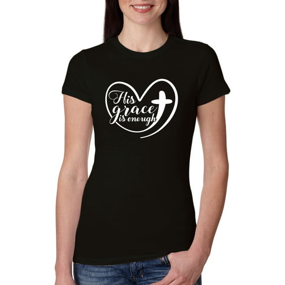 Wild Bobby His Grace Is Enough Heart Inspirational/Christian Women Slim Fit Junior Tee, Black, Medium