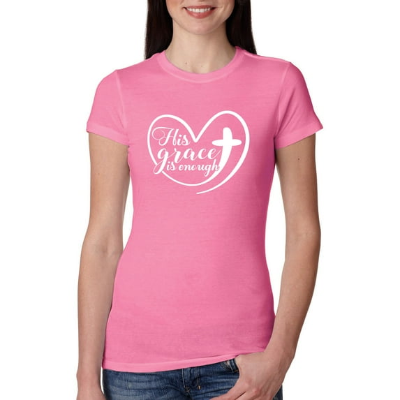 Wild Bobby His Grace Is Enough Heart Inspirational/Christian Women Slim Fit Junior Tee, Hot Pink, Medium