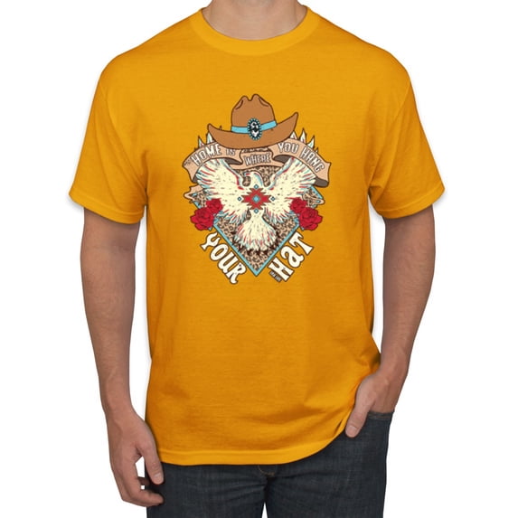 Wild Bobby Home Is Where You Hang Your Hat Country Eagle Pop Culture Men Tee, Gold, Small