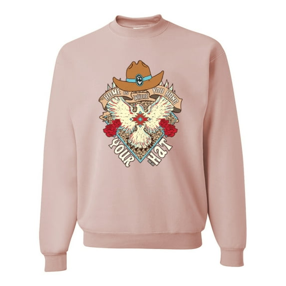 Wild Bobby Home Is Where You Hang Your Hat Country Eagle Pop Culture Unisex Crewneck Sweatshirt, Blush Pink, Small