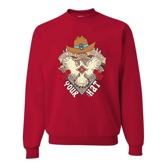 Wild Bobby Home Is Where You Hang Your Hat Country Eagle Pop Culture Unisex Crewneck Sweatshirt, Red, Small