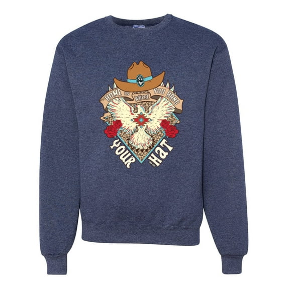 Wild Bobby Home Is Where You Hang Your Hat Country Eagle Pop Culture Unisex Crewneck Sweatshirt, Vintage Heather Navy, Small