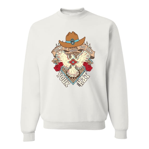 Wild Bobby Home Is Where You Hang Your Hat Country Eagle Pop Culture Unisex Crewneck Sweatshirt, White, Large