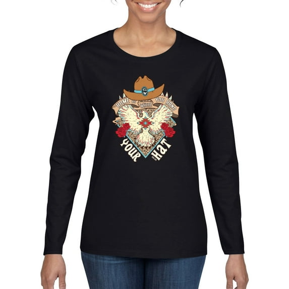 Wild Bobby Home Is Where You Hang Your Hat Country Eagle Pop Culture Women Graphic Long Sleeve Tee, Black, Small