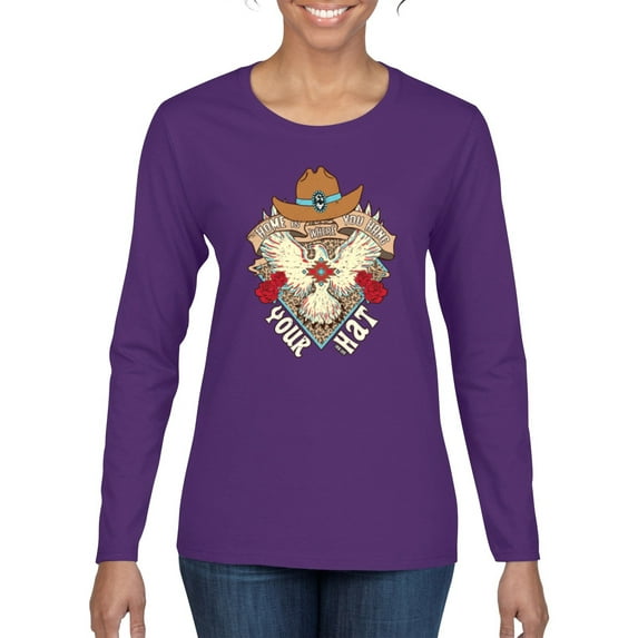 Wild Bobby Home Is Where You Hang Your Hat Country Eagle Pop Culture Women Graphic Long Sleeve Tee, Purple, Small
