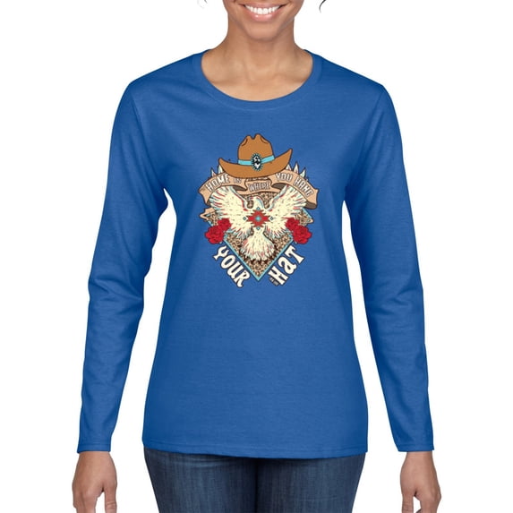 Wild Bobby Home Is Where You Hang Your Hat Country Eagle Pop Culture Women Graphic Long Sleeve Tee, Royal, XX-Large