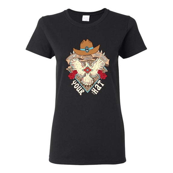 Wild Bobby Home Is Where You Hang Your Hat Country Eagle Pop Culture Women Graphic Tee, Black, Small