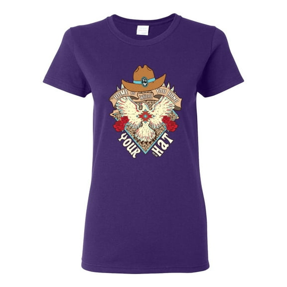 Wild Bobby Home Is Where You Hang Your Hat Country Eagle Pop Culture Women Graphic Tee, Purple, X-Large