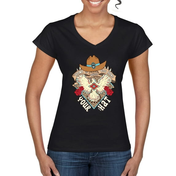 Wild Bobby Home Is Where You Hang Your Hat Country Eagle Pop Culture Women Standard V-Neck Tee, Black, Small