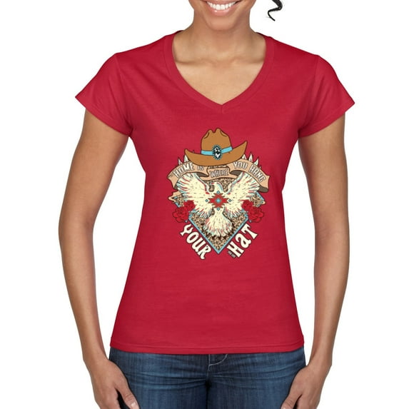 Wild Bobby Home Is Where You Hang Your Hat Country Eagle Pop Culture Women Standard V-Neck Tee, Red, Large
