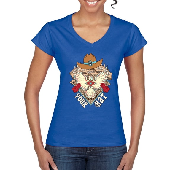 Wild Bobby Home Is Where You Hang Your Hat Country Eagle Pop Culture Women Standard V-Neck Tee, Royal, Medium
