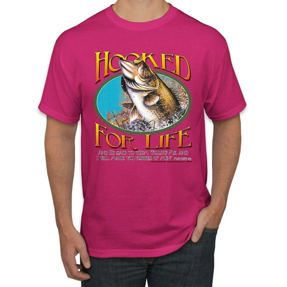 Wild Bobby, Hooked For Life Matthew 4:19 Quotes, Inspirational/Christian, Men's Graphic Tees, Fuschia, X-Large