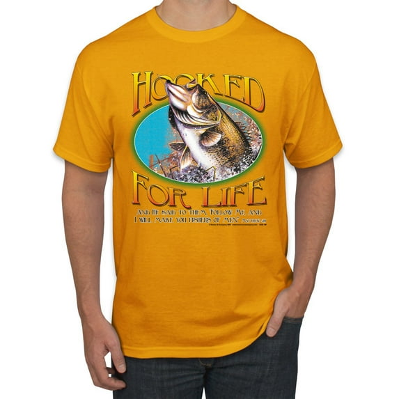 Wild Bobby, Hooked For Life Matthew 4:19 Quotes, Inspirational/Christian, Men's Graphic Tees, Gold, Medium